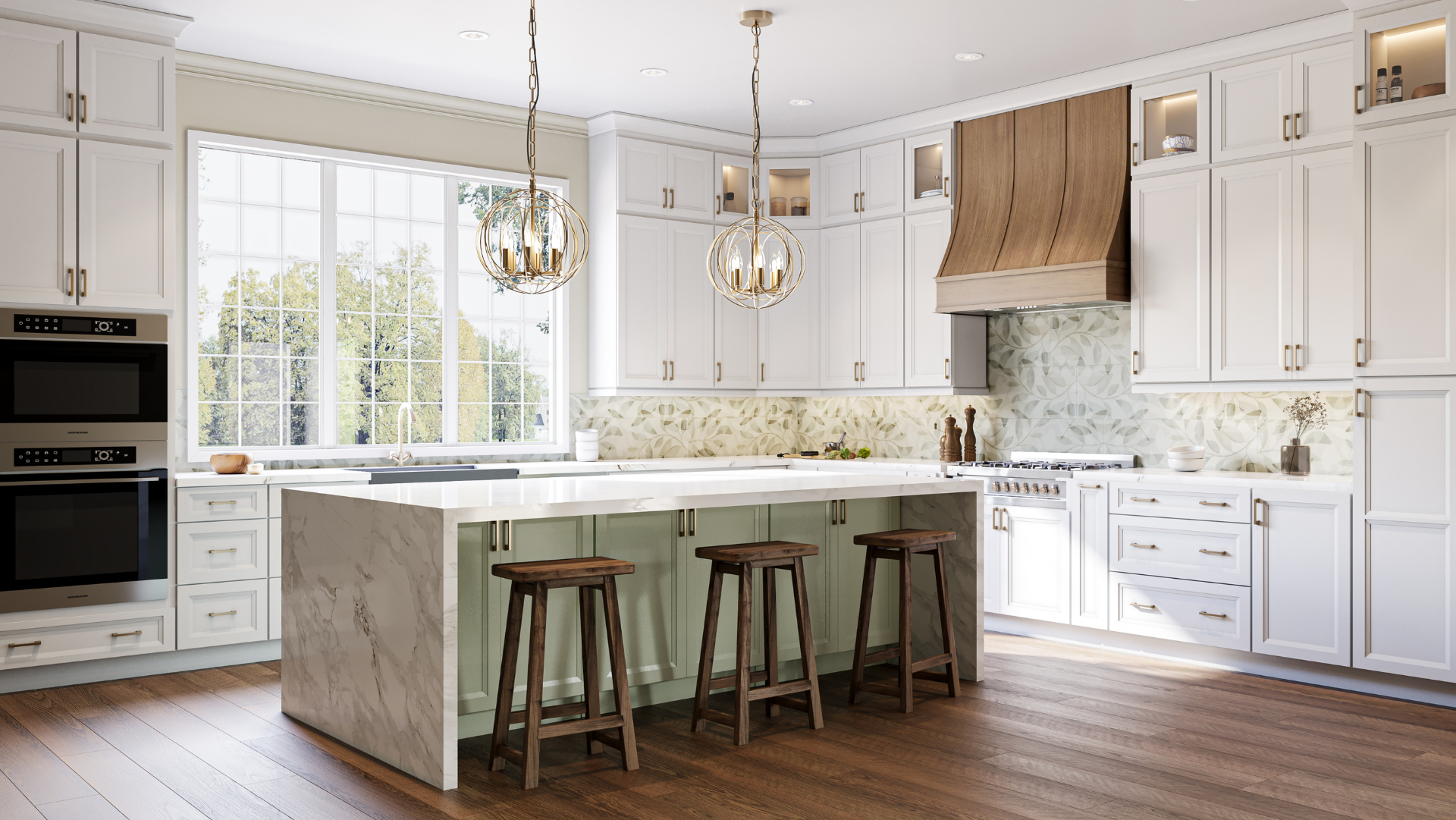 White kitchen with wood ventahood, green island and marble waterfall counter